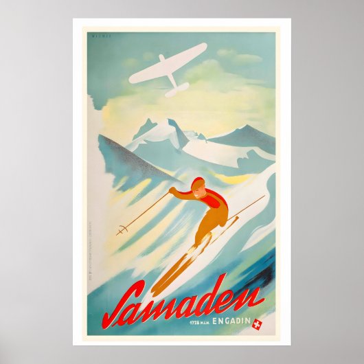 Samedan Engadin Zwitserland Vintage Skiposter Poster (Voorkant)