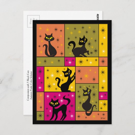 Samenstelling met vijf zwarte katten briefkaart (Voorkant / Achterkant)