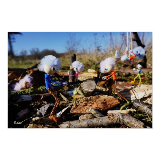 Samenwerking van Fubby poppetjes op een houtwerkpl Perfect Poster (Voorkant)