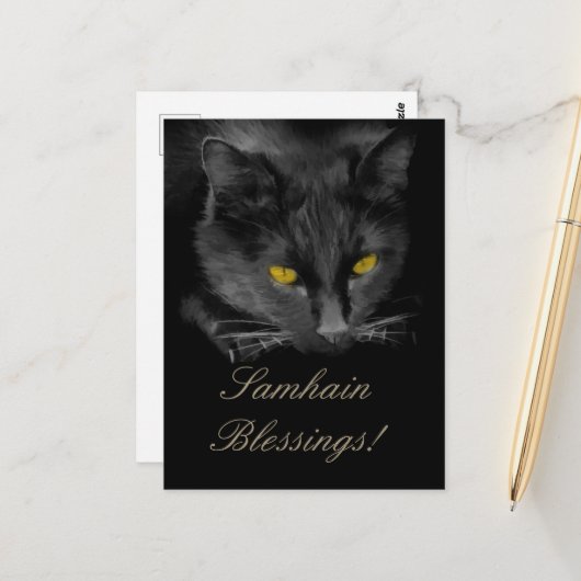 Samhain Black Cat Holiday Briefkaart (Voorkant / Achterkant in situ)
