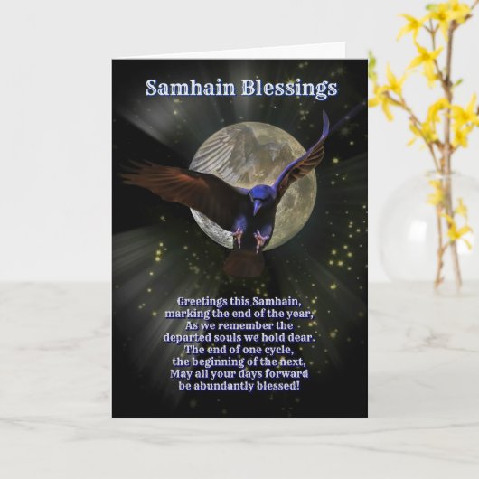 Samhain Blessings met Raven of Crow en Moon Kaart (Gele Bloem)