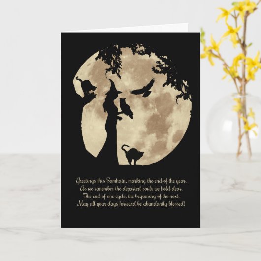 Samhain Blessings with Witch and Animals Kaart (Gele Bloem)