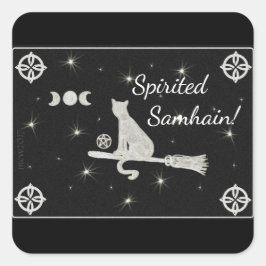 Samhain Magick Cat op Broom Black en White Vierkante Sticker