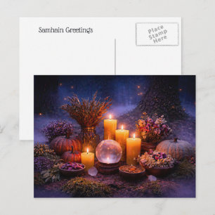 Samhain met kaarsen Kristal herfstloof Bloemen Feestdagenkaart