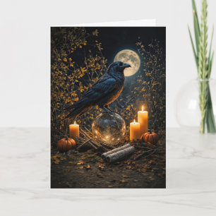 Samhain Mooie Zwarte Raaf Kaarsen en Maan Kaart