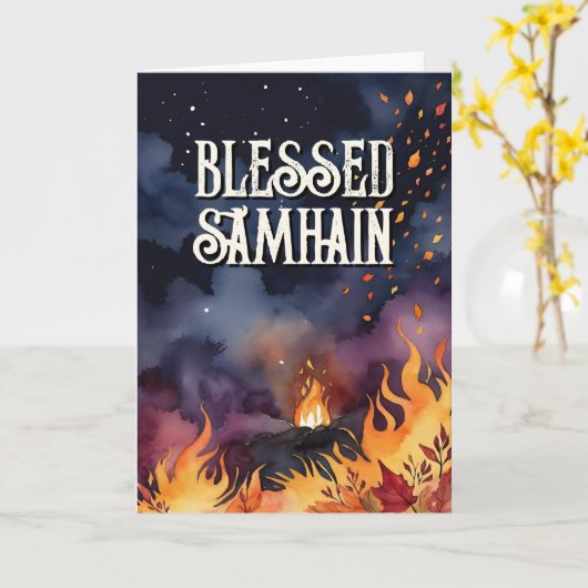 Samhain Night Herfst Forest Pagan Bonfire Hallowee Kaart (Gele Bloem)