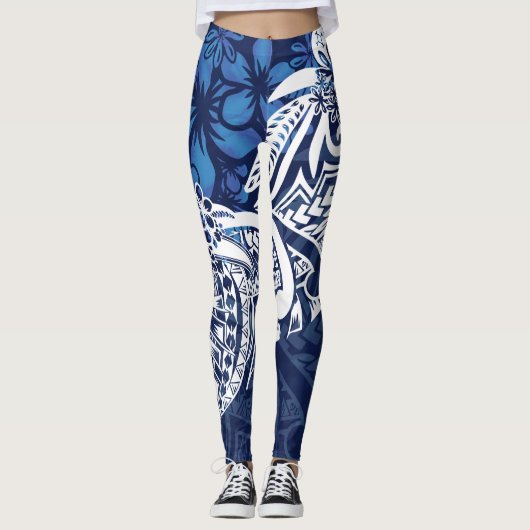 Samoan - Hawaïaans - Polynesiaans Blauw Tribale Af Leggings (Voorkant)