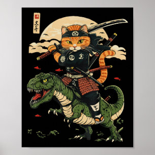 samoerai kat dinosaurus japanse kunst grafisch poster