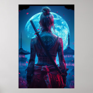 Samoerai vrouwelijke krijger met katana — Japanse Poster
