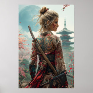 Samoerai vrouwelijke krijger met katana — Japanse Poster