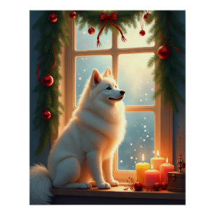Samojed onder de mistletoe Kerstschilderij Perfect Poster