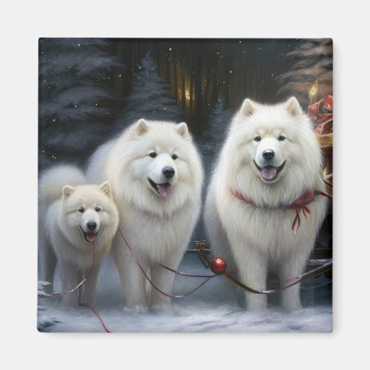Samojed Sneeuw Sleebellsen Kerst Decoratie Magneet (Voorkant)