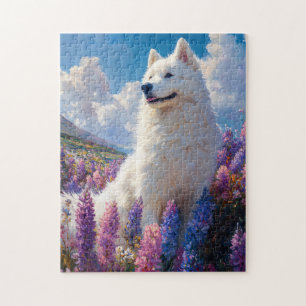 Samojeed Dog Paarse Lupine Flowers Legpuzzel