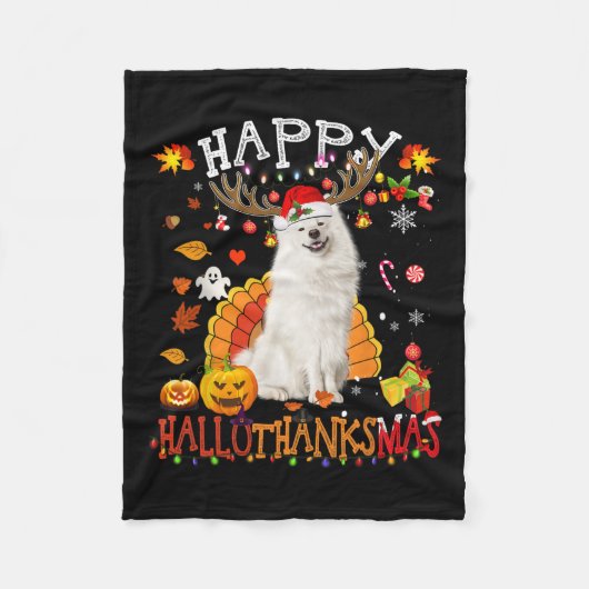 Samojeed Hond Halloween Kersthond Happy Hallotha Fleece Deken (Voorkant)