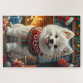 Samojeed hond met kerstcadeaus open haard legpuzzel (Horizontaal)