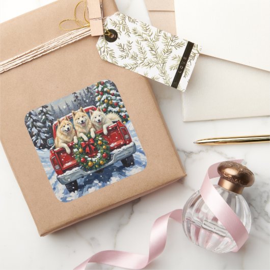 Samoyed Christmas Red Truck Holiday Vierkante Sticker (Geschenken)