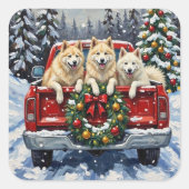 Samoyed Christmas Red Truck Holiday Vierkante Sticker (Voorkant)