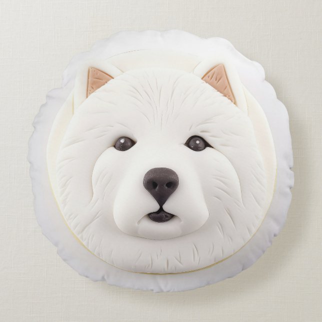 Samoyed Dog 3D geïnspireerd Rond Kussen (Voorkant)