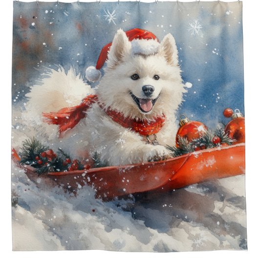 Samoyed Dog in Sledge Laat het Sneeuw Kerstmis Douchegordijn (Voorkant)