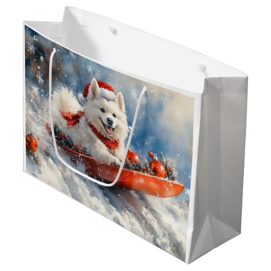 Samoyed Dog in Sledge Laat het Sneeuw Kerstmis Groot Cadeauzakje (Voorkant Gekanteld)