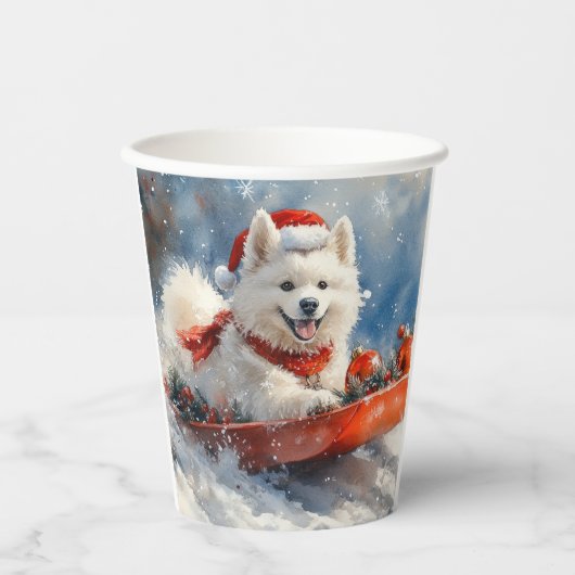 Samoyed Dog in Sledge Laat het Sneeuw Kerstmis Papieren Bekers (Voorkant)