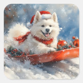 Samoyed Dog in Sledge Laat het Sneeuw Kerstmis Vierkante Sticker (Voorkant)