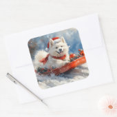 Samoyed Dog in Sledge Laat het Sneeuw Kerstmis Vierkante Sticker (Envelop)
