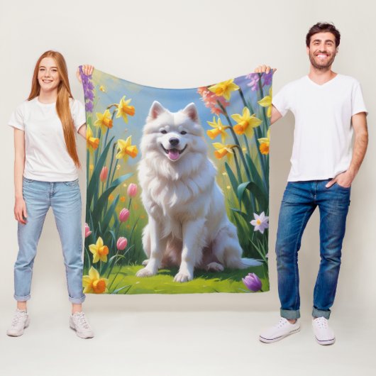 Samoyed Dog Spring Bloemen Schilderen Fleece Deken (In situ)