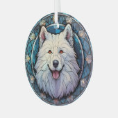 Samoyed Hond Blauwe Rand Gevlekt Glas Ornament (Voorkant links)
