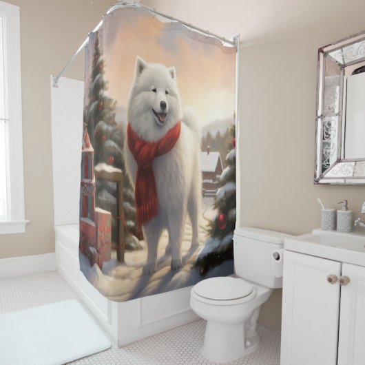 Samoyed Hond in Sneeuw Kerstmis Douchegordijn (In situ)