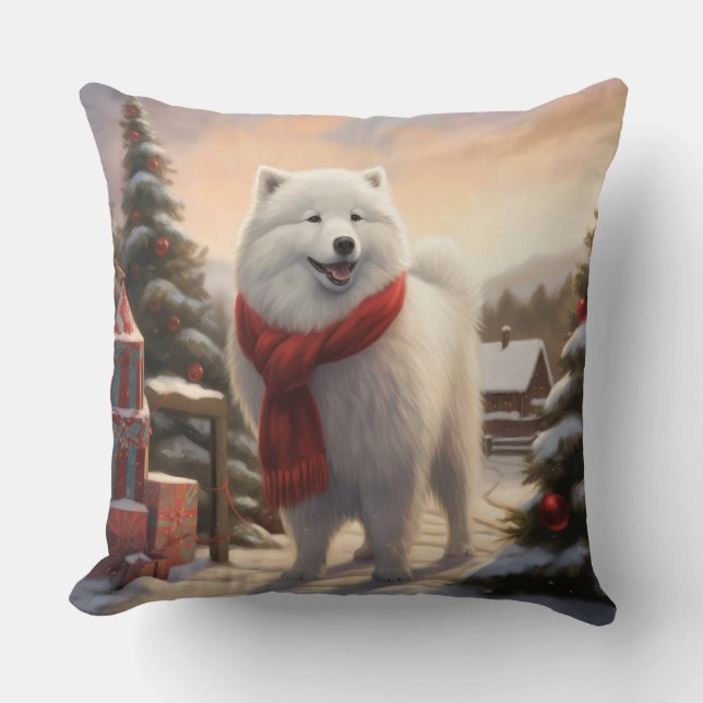 Samoyed Hond in Sneeuw Kerstmis Kussen (Voorkant)