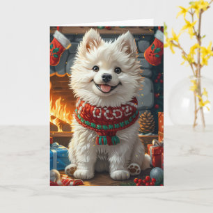 Samoyed Hond Met Kerstcadeaus Open Haard Kaart