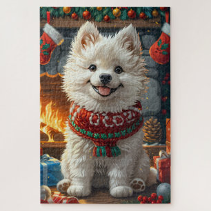 Samoyed-hond met kerstcadeaus open haard legpuzzel