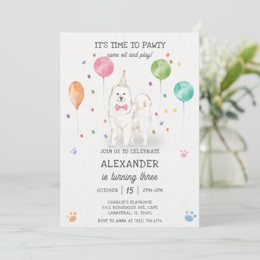 Samoyed Hond Pawty Puppy Verjaardag Roze Kaart (Staand voorkant)