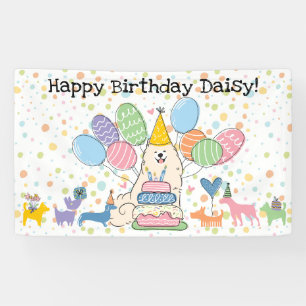 Samoyed-hond verjaardagsfeestje met biscuit spandoek