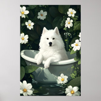 Samoyed In Bathtub Poster, Funny Dog Poster