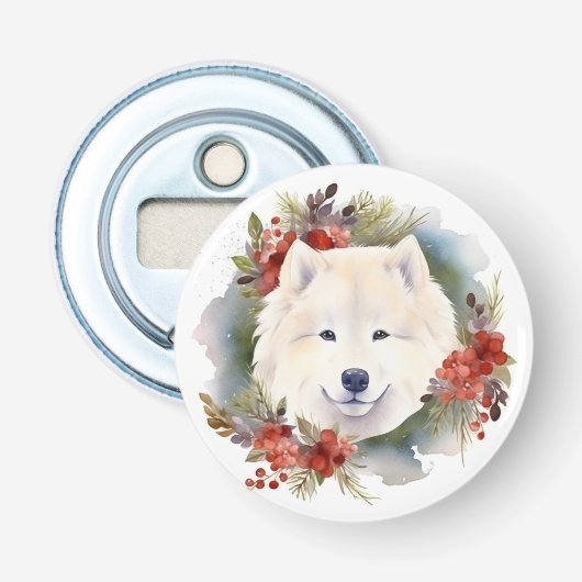Samoyed Kerstkrans Feestelijke Pup Button Flesopener (Voorkant)