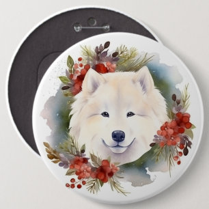 Samoyed Kerstkrans Feestelijke Pup Ronde Button 6,0 Cm