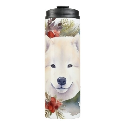Samoyed Kerstkrans Feestelijke Pup Thermosbeker (Voorkant)