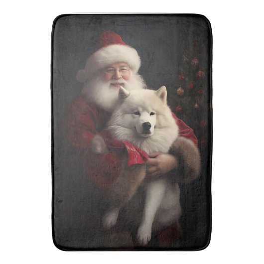 Samoyed Met Sinterklaas Feestelijke Kerstmis Badmat (Voorkant Verticaal)