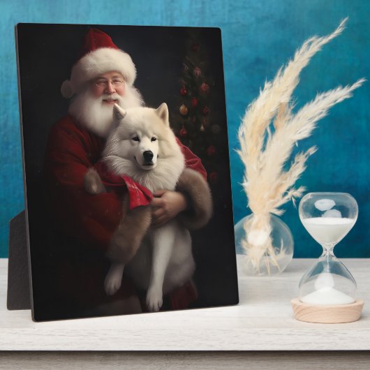 Samoyed Met Sinterklaas Feestelijke Kerstmis Fotoplaat (Zijkant)