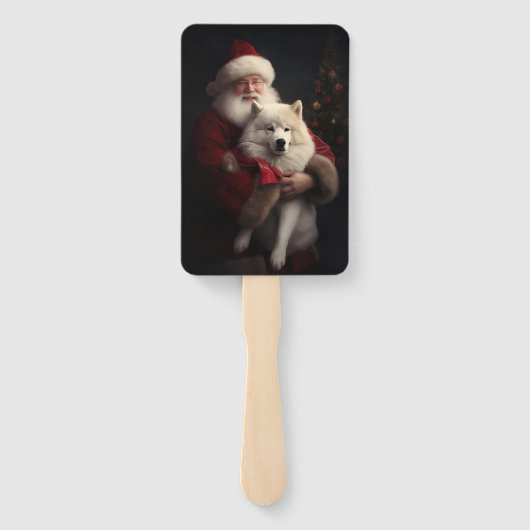 Samoyed Met Sinterklaas Feestelijke Kerstmis Handwaaier (Achterkant)