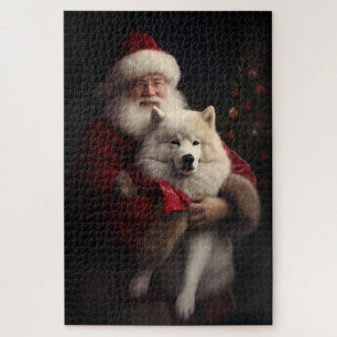 Samoyed Met Sinterklaas Feestelijke Kerstmis Legpuzzel