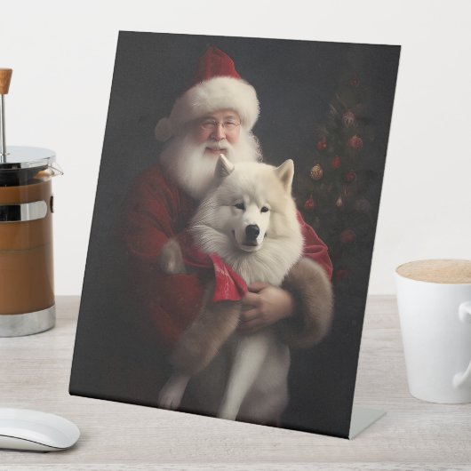 Samoyed Met Sinterklaas Feestelijke Kerstmis Reclamebord Met Voetstuk (Insitu)
