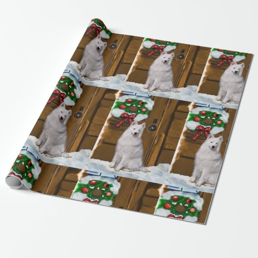 Samoyed op veranda Kerstmis Cadeaupapier (Uitgerold)