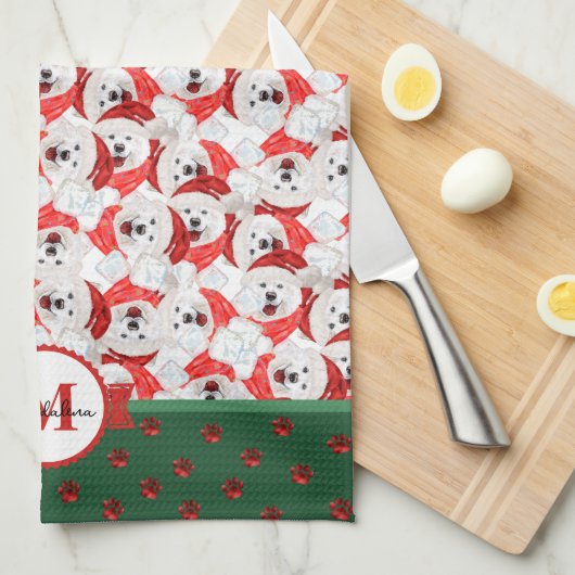 Samoyed Pattern Monogram kersthond Theedoek (Quarter Fold)