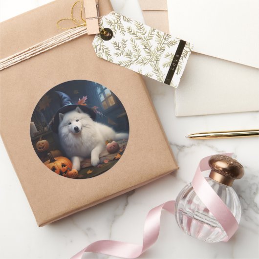 Samoyed pompoenen Halloween eng Ronde Sticker (Geschenken)