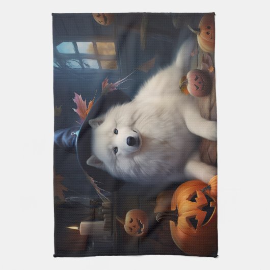 Samoyed pompoenen Halloween eng Theedoek (Verticaal)