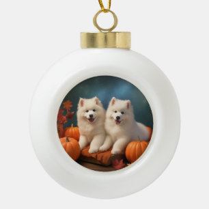 Samoyed Puppy Herfst Delight Pompoen Keramische Bal Ornament