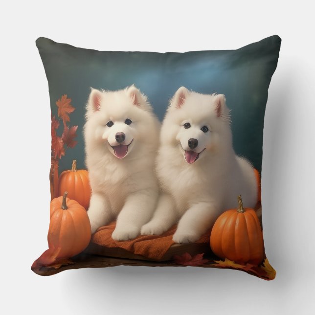 Samoyed Puppy Herfst Delight Pompoen Kussen (Voorkant)